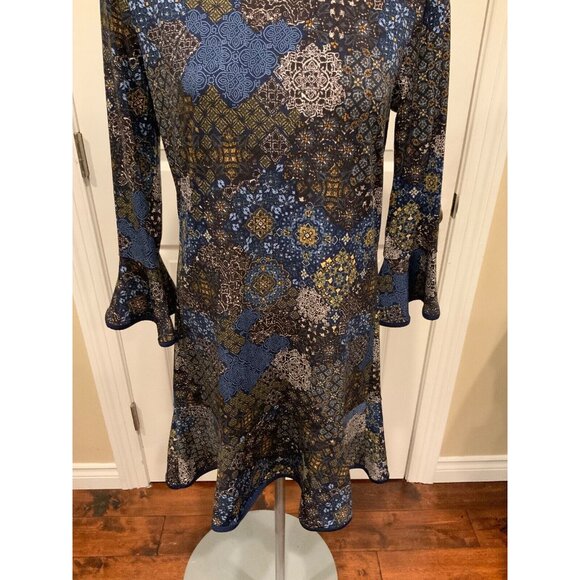 Michael Michael Kors Blue & Green Floral Print Flare Sleeve Dress, Size Medium - Picture 8 of 8